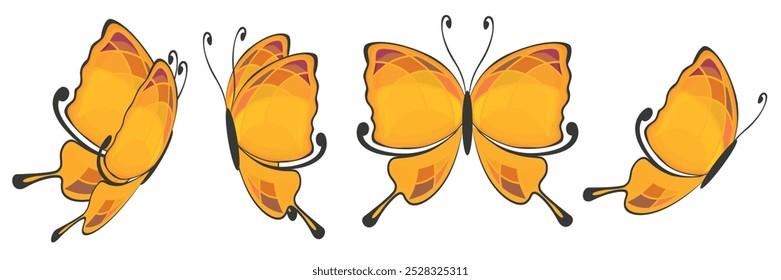 Set of beautiful butterflies in cartoon style. Vector illustration of graceful butterflies in different poses:flying,folded wings,with spread wings and colored patterns isolated on a white background.