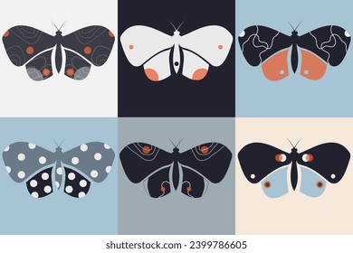 Set of beautiful butterflies in japanese minimalistic style. Fying butterfly design for logo, web page, print, card, poster, social media. Modern vector illustration
