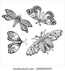 Set of beautiful butterflies and other insects. Dragonfly insect. Decorative stylized insect drawn by hand in black. wings Beetle. Vector illustration on a white background.