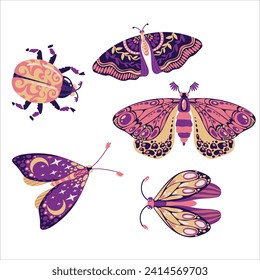 Conjunto de hermosas mariposas y otros insectos. insecto de libélula. Insectos decorativos estilizados con un patrón botánico en las alas. Alas de escarabajo. Ilustración vectorial en un fondo blanco.