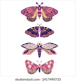 Set of beautiful butterflies and other insects. Dragonfly insect. Decorative stylized insect with a botanical pattern on the wings. Beetle wings. Vector illustration on a white background.
