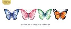 Set Of Beautiful Butterflies Watercolor Isolated On White Background. Pink, Blue, Orange And Green Butterfly Vector Illustration