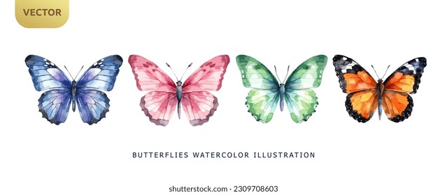 Set of beautiful butterflies watercolor isolated on white background. Pink, blue, orange and green butterfly vector illustration