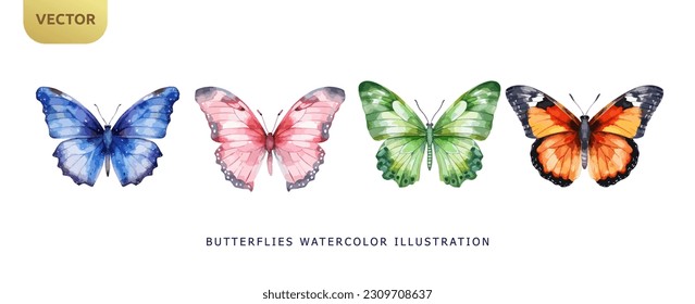 Conjunto de hermosas mariposas acuáticas aisladas en un fondo blanco. Ilustración vectorial de mariposa rosa, azul, naranja y verde