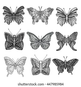 Set of beautiful butterflys. Black white hand drawn doodle animal. Ethnic patterned vector illustration. Sketch for coloring page, decoration, tattoo, poster, print, t-shirt