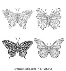 Set of beautiful butterflys. Black white hand drawn doodle animal. Ethnic patterned vector illustration. Sketch for coloring page, decoration, tattoo, poster, print, t-shirt