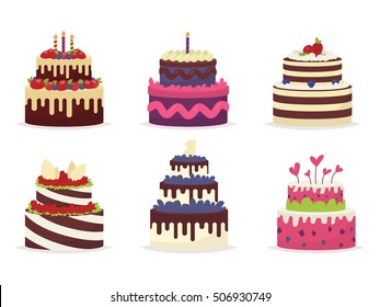 Set of beautiful cakes for birthdays, weddings, anniversaries and other celebrations. Vector illustration of a flat design