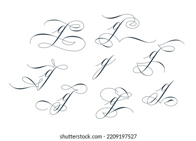 Set of beautiful calligraphic flourishes on letter g isolated on white background for decorating text and calligraphy on postcards or greetings cards. Vector illustration.