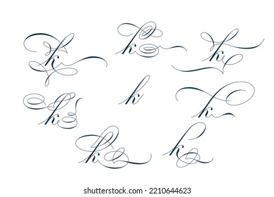 Set of beautiful calligraphic flourishes on letter k isolated on white background for decorating text and calligraphy on postcards or greetings cards. Vector illustration.