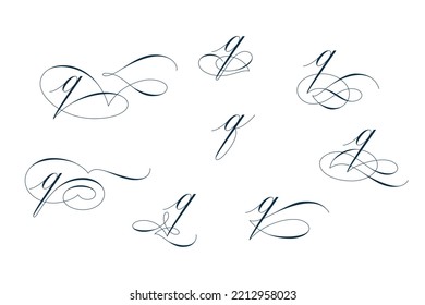 Set of beautiful calligraphic flourishes on letter q isolated on white background for decorating text and calligraphy on postcards or greetings cards. Vector illustration.