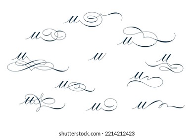 Set of beautiful calligraphic flourishes on letter u isolated on white background for decorating text and calligraphy on postcards or greetings cards. Vector illustration.