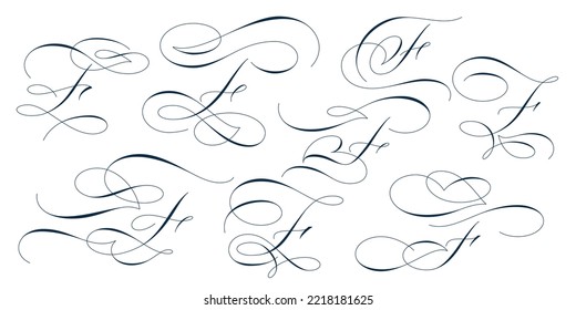 Set of beautiful calligraphic flourishes on capital letter F isolated on white background for decorating text and calligraphy on postcards or greetings cards. Vector illustration.