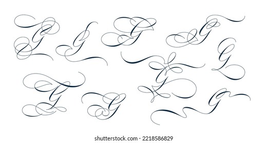 Set of beautiful calligraphic flourishes on capital letter G isolated on white background for decorating text and calligraphy on postcards or greetings cards. Vector illustration.