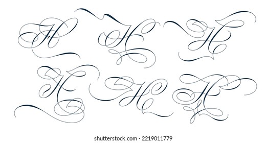 Set of beautiful calligraphic flourishes on capital letter H isolated on white background for decorating text and calligraphy on postcards or greetings cards. Vector illustration.