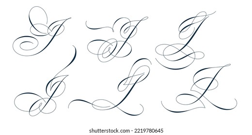 Set of beautiful calligraphic flourishes on capital letter J isolated on white background for decorating text and calligraphy on postcards or greetings cards. Vector illustration.