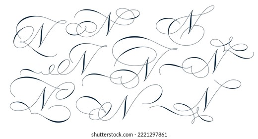 Set of beautiful calligraphic flourishes on capital letter N isolated on white background for decorating text and calligraphy on postcards or greetings cards. Vector illustration.