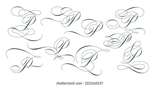 Set of beautiful calligraphic flourishes on capital letter P isolated on white background for decorating text and calligraphy on postcards or greetings cards. Vector illustration.