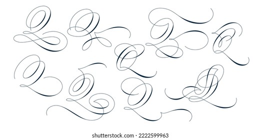 Set of beautiful calligraphic flourishes on capital letter Q isolated on white background for decorating text and calligraphy on postcards or greetings cards. Vector illustration.