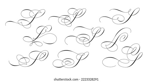 Set of beautiful calligraphic flourishes on capital letter S isolated on white background for decorating text and calligraphy on postcards or greetings cards. Vector illustration.