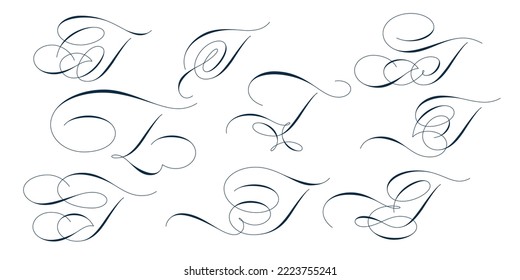 Set of beautiful calligraphic flourishes on capital letter T isolated on white background for decorating text and calligraphy on postcards or greetings cards. Vector illustration.