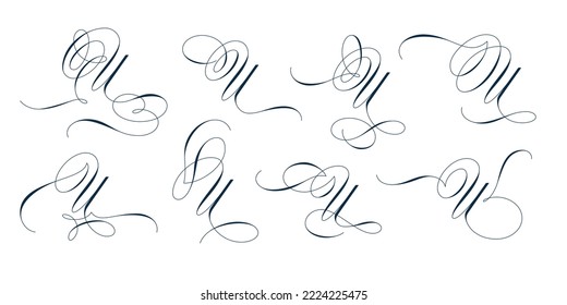 Set of beautiful calligraphic flourishes on capital letter U isolated on white background for decorating text and calligraphy on postcards or greetings cards. Vector illustration.