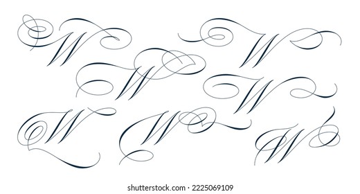 Set of beautiful calligraphic flourishes on capital letter W isolated on white background for decorating text and calligraphy on postcards or greetings cards. Vector illustration.