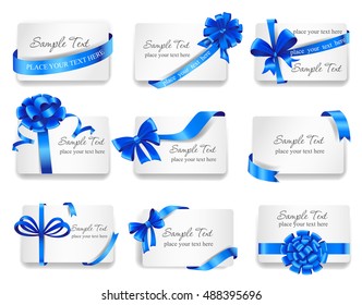 Set of beautiful cards with blue gift bows with ribbons. Vector illustration. 