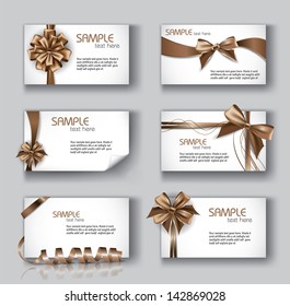 Set of Beautiful Cards With Brown Gift Bows And Ribbons. Eps10.