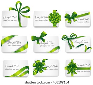 Set of beautiful cards with green gift bows with ribbons. Vector illustration. 