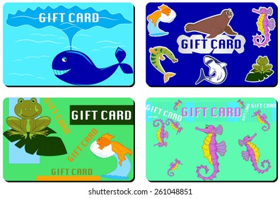 Set of beautiful cards or invitations with aquatic mammals and fishes. Vector
