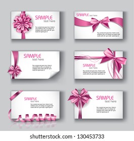 Set of Beautiful Cards With Pink Gift Bows And Ribbons. Vector Design.