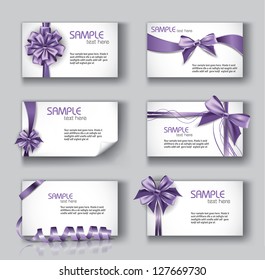 Set of Beautiful Cards With Purple Gift Bows And Ribbons. Vector Design.