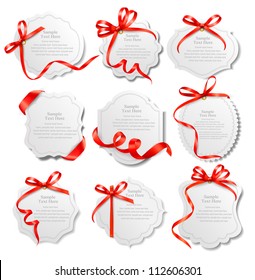 Set of beautiful cards with red gift bows with ribbons Vector