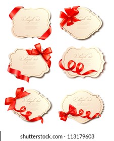 Set of beautiful cards with red gift bows with ribbons Vector