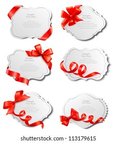 Set of beautiful cards with red gift bows with ribbons Vector