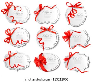 Set of beautiful cards with red gift bows with ribbons Vector