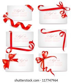 Set of beautiful cards with red gift bows with ribbons Vector