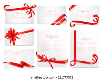 Set of beautiful cards with red gift bows with ribbons Vector