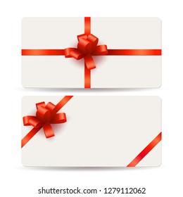 Set of beautiful cards with red gift bows and ribbon. Template design for valentine's day card, Christmas, presents, wedding, invitation, sale banner, coupon or certificate. Place for text
