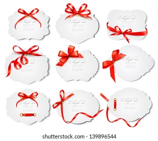 Set of beautiful cards with red gift bows with ribbons. Vector