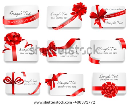 Set of beautiful cards with red gift bows with ribbons. Vector illustration. 