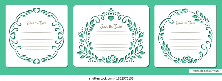 Set of beautiful cards with a round cut frame with a floral pattern, leaves, flowers, hearts, buds. Lines and text - Save the date. Wedding invitation, birthday, mother's day or valentine's day. 
