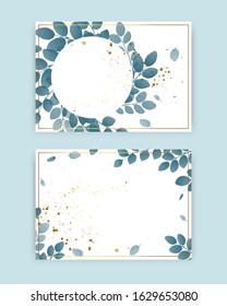 Set of beautiful cards with a wreath of greenery, plant branches, gold splashes, place for text. Layout for a wedding, save the date, holiday. Flat vector illustration