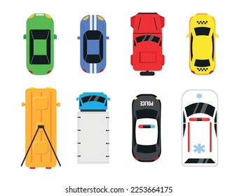 Set of beautiful cars with top views in cartoon style. Vector illustration of ambulances, police, taxis, trolleybuses, trucks, racing and conventional on white background.