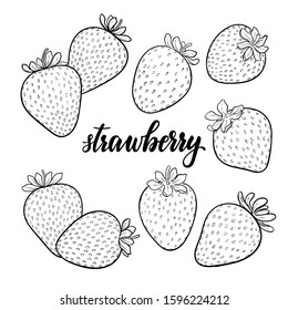 set of Beautiful cartoon black and white outline strawberries with lettering text strawberry. design holiday greeting card and invitation of seasonal summer holidays, beach parties, tourism and travel