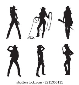 set of beautiful cartoon cowgirl in a western suit vector silhouette on white background