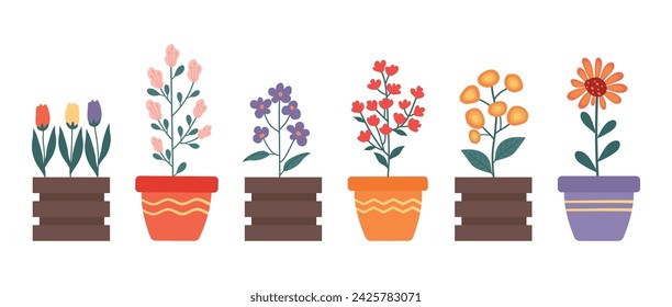 Un conjunto de hermosas flores de dibujos animados diferentes en macetas y macizos de flores de diversas formas y colores. Dibujado a mano ilustración vectorial, concepto de floricultura, cuidado de plantas. Eps 10, horizontal sobre un blanco