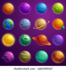 set of beautiful cartoon icons of planets in the universe, vector illustration