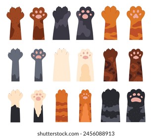 A set of beautiful cat paws. Fluffy paws of pets. Vector illustration