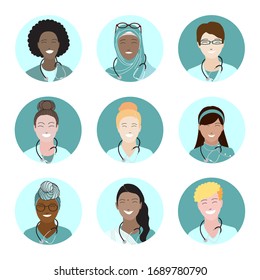 Set of beautiful cheerful female doctor avatars. Physicians, therapists in medical uniform with stethoscope. International team, multi ethnic group. Afro american, arabian, indian, european girl icons